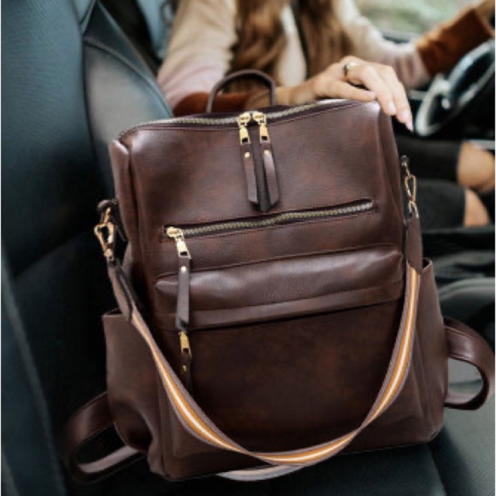 Dark brown leather backpack handbag